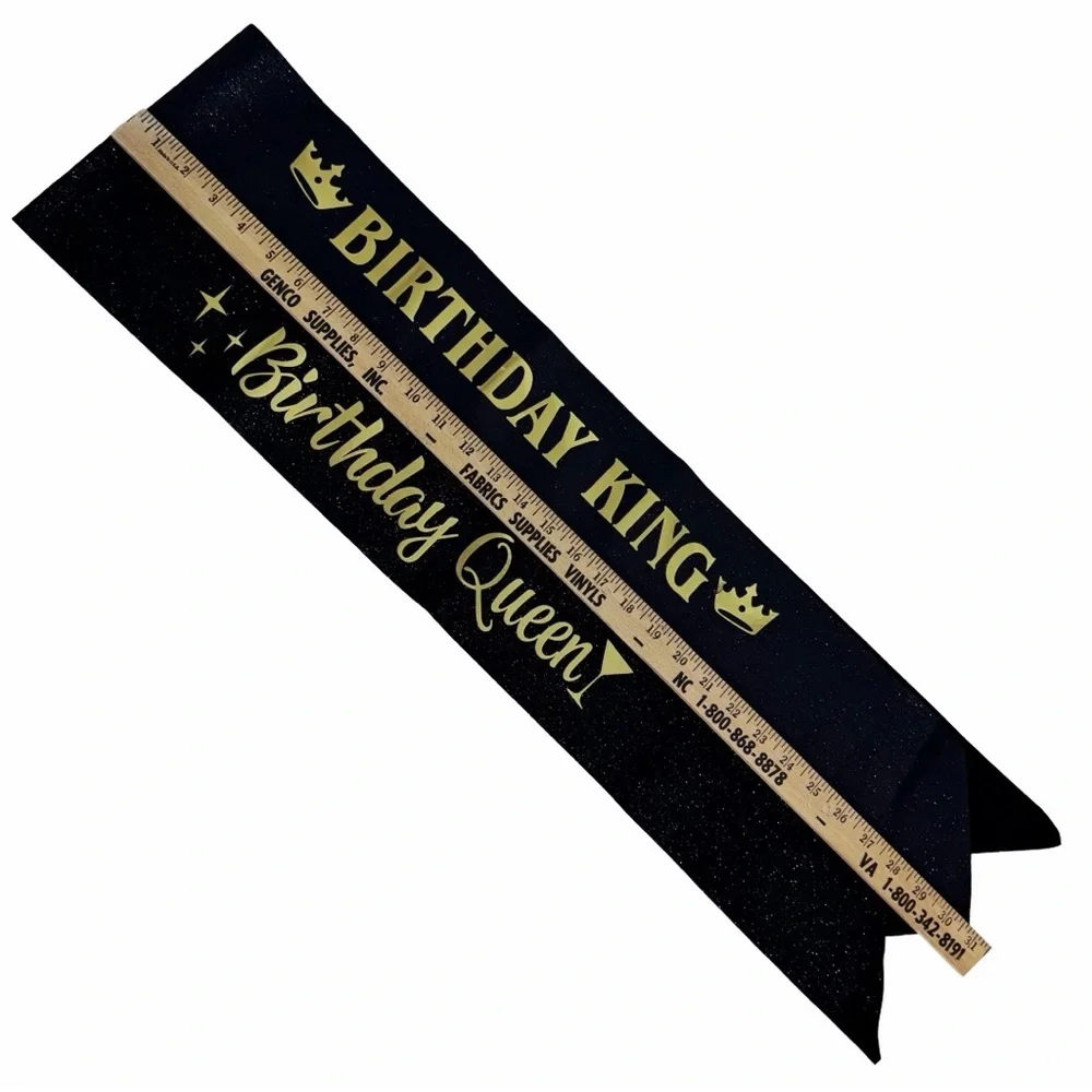 Birthday King and Queen Sash Set | Gold Tiara & Crown Black Glitter Sashes Adult